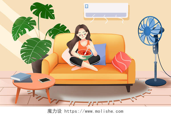 卡通手绘处暑沙发上吃西瓜的女孩原创插画海报处暑插画